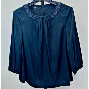 Talbots Solid Color Women 10 Petite 3/4 Sleeve Top Black Sequin Decorative Neck